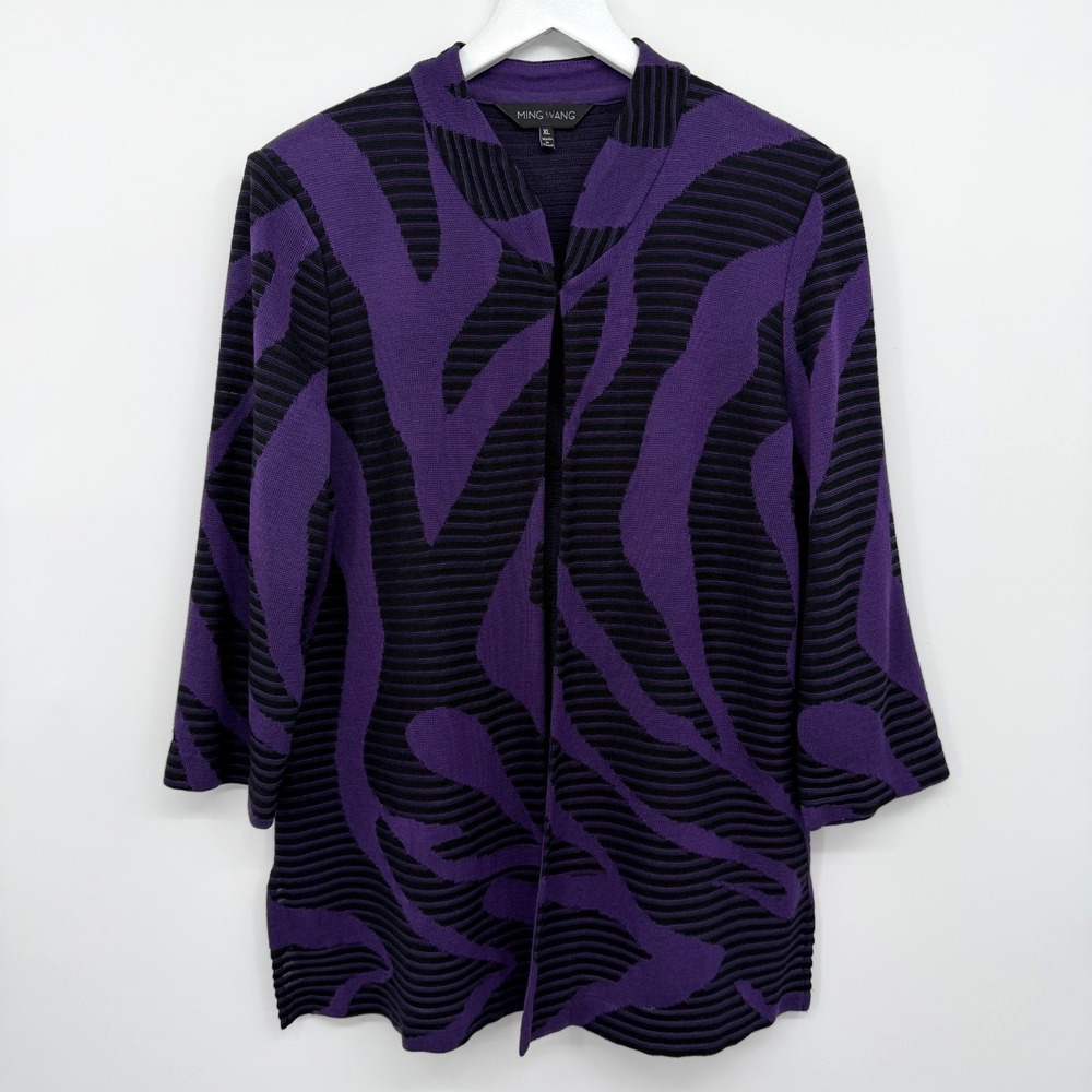 Ming Wang Jacket Cardigan Size XL Shoulder Pads Knit 3/4 Sleeves Artsy Office